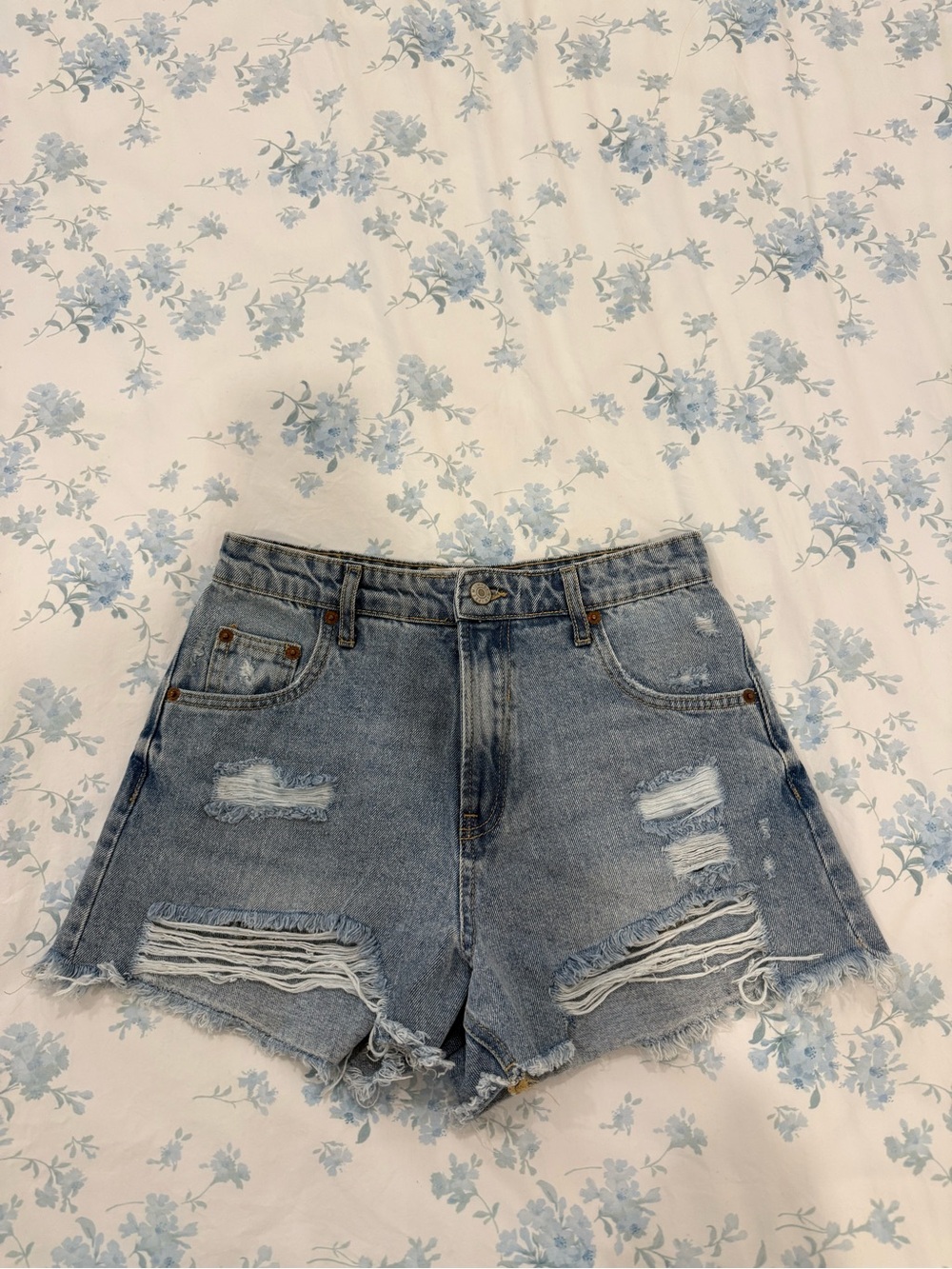 Impressions Light Blue Distressed High-Rise Jean Shorts